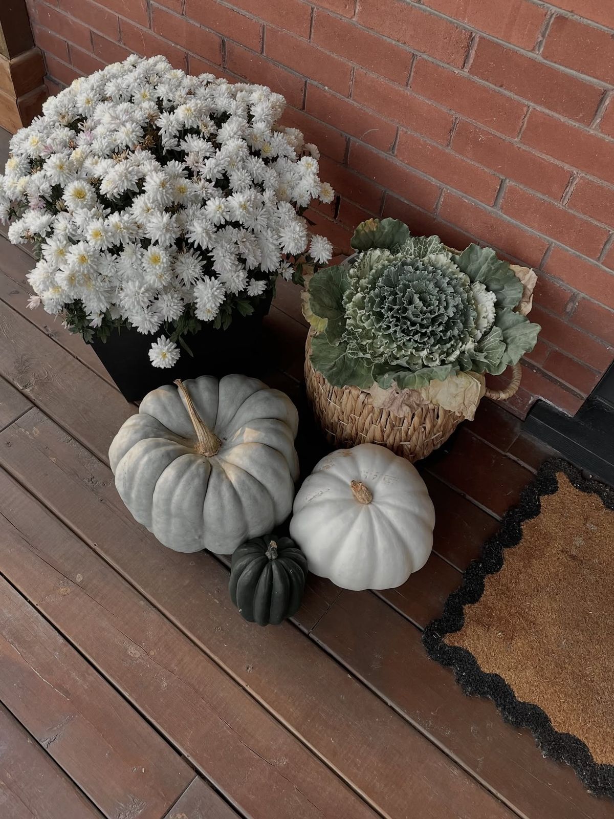 Fall front porch with mums and white pumpkins
